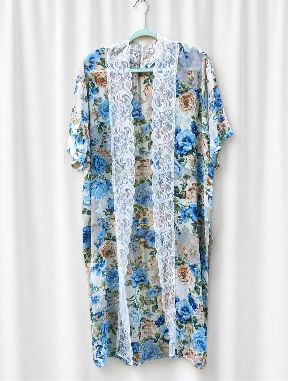 Miley + Molly Floral Lace Trim Kimono Cover-Up Blue Cream Sheer Open Front Boho